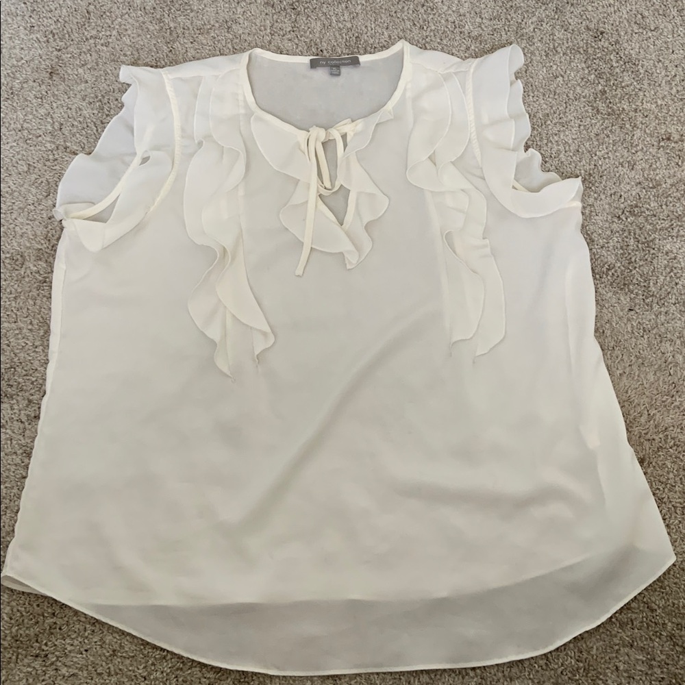 NY Collection White Feminine Sheer Ruffle Lace Cap Sleeve Blouse Size XL